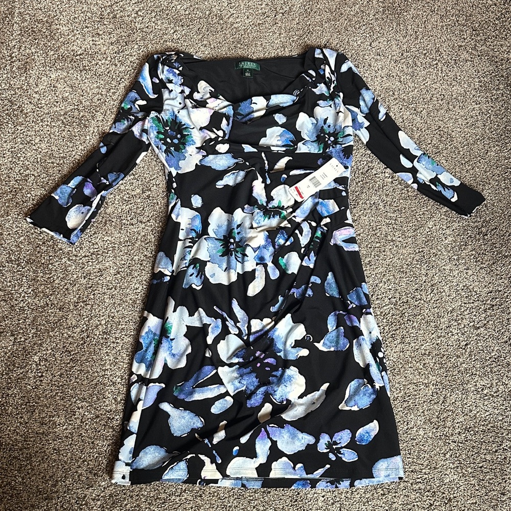 Lauren Ralph Lauren Black Floral Wrap Dress with Blue & White Blooms